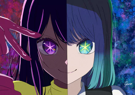 4K Ultra HD anime wallpaper featuring a split portrait of Ai Hoshino and Akane Kurokawa from Oshi no Ko, highlighting their vibrant, glowing eyes against a colorful background.