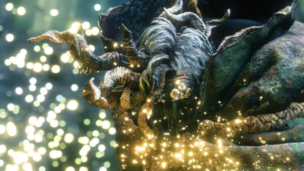 HD wallpaper of Margit, the Fell Omen from Elden Ring, depicted with glowing effects in a dynamic battle scene.