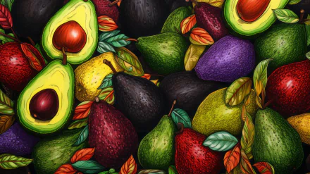A vibrant, HD wallpaper featuring an artistic arrangement of avocados and colorful pears, showcasing a rich array of textures and hues in a captivating food-themed design.