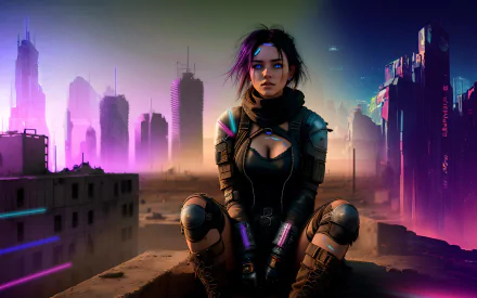 HD PC desktop wallpaper featuring a cyberpunk girl with glowing eyes in a futuristic sci-fi cityscape at dusk, blending vibrant neon colors and urban skyline.