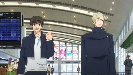 HD wallpaper featuring characters Yu Haibara and Kento Nanami from Jujutsu Kaisen 2nd Season, set in a lively airport environment.