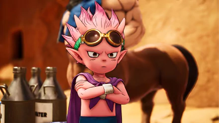 HD desktop wallpaper featuring a character from the video game Sand Land, with spiky pink hair and goggles, standing arms crossed in a desert setting.