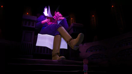 HD desktop wallpaper from the video game Sand Land, featuring a character with horns leaping dramatically in a dark, urban setting.