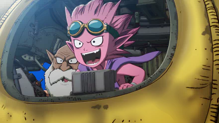 HD desktop wallpaper from the anime Sand Land featuring a pink-haired character with goggles and an old man in a tank viewport, excitedly operating machinery.