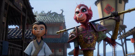HD desktop wallpaper featuring characters from the 2023 movie The Monkey King, with a young boy and the animated Monkey King in a traditional Chinese setting.