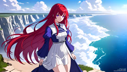 AI Art anime girl: red-haired girl in a blue-and-white dress stands on a cliff overlooking a sunlit ocean and clouds — 5K Ultra HD PC desktop wallpaper/background.