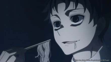 HD desktop wallpaper featuring Akira Tendo from 'Zom 100: Bucket List of the Dead' anime, depicted eating noodles in a dark setting.