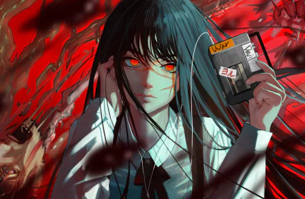 HD desktop wallpaper featuring the War Devil from Chainsaw Man anime. The character has intense red eyes, dark hair, and is holding a labeled book, set against a chaotic red-hued background.