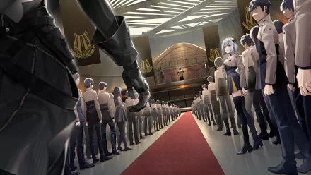Video game Punishing: Gray Raven 4K Ultra HD PC wallpaper: a ceremonial hall with uniformed soldiers lining a red carpet toward a raised dais.