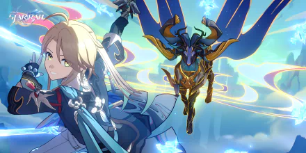 HD desktop wallpaper featuring Yanqing from Honkai: Star Rail, in dynamic battle pose with a mystical creature against a vibrant, celestial background.