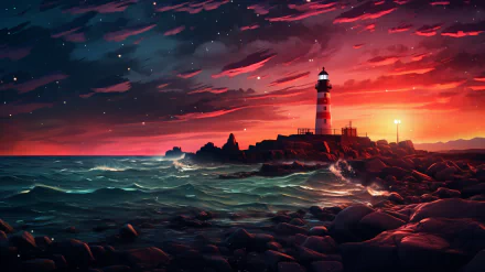 A stunning AI art depiction of a lighthouse at sunset, set against a vibrant sky and crashing waves, creates an enchanting HD desktop wallpaper and background.