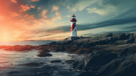 AI art of a red and white lighthouse on a rocky shore at sunset, available as an HD desktop wallpaper and background.
