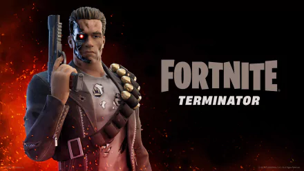 HD desktop wallpaper featuring the Terminator character from Fortnite, holding a gun with a red backdrop.