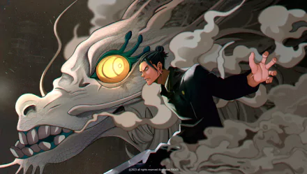 HD desktop wallpaper featuring Suguru Geto from the anime Jujutsu Kaisen, depicted in a dynamic pose with a mystical, smoky dragon in the background.