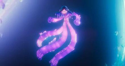 HD wallpaper of Ruby Gillman, the teenage kraken, from the movie, depicted underwater with glowing purple tentacles.