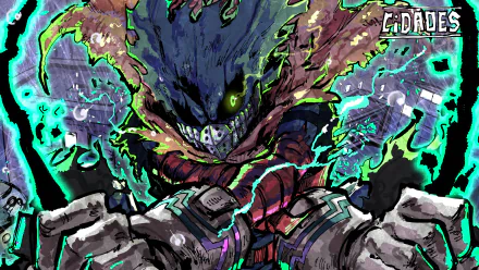 HD desktop wallpaper of Izuku Midoriya from the anime My Hero Academia, showcasing an intense and electrifying scene with vibrant colors and dynamic artwork.