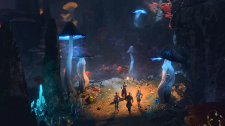 HD desktop wallpaper featuring a mystical scene from Baldur's Gate 3 with adventurers exploring an otherworldly, luminous underground environment, surrounded by towering mushrooms and vibrant flora.
