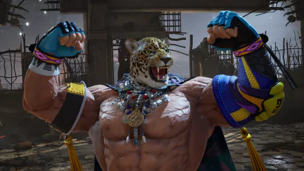 HD desktop wallpaper of King from Tekken 8 video game, featuring the character in a dynamic pose with a jaguar mask, set in a gritty arena background.