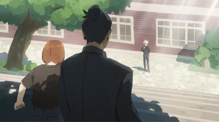 HD desktop wallpaper featuring Shoko Ieiri, Suguru Geto, and Satoru Gojo from the anime Jujutsu Kaisen, with Gojo and Geto prominently framed outside a building.