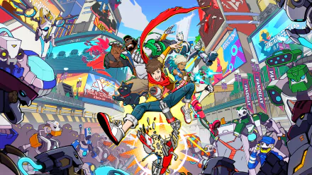 HD desktop wallpaper of Hi-Fi Rush featuring vibrant characters in an action-packed video game scene.