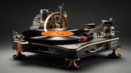A stunning HD desktop wallpaper featuring a vintage record player with an orange vinyl record, highlighting the art of music and the nostalgic charm of vinyl records.