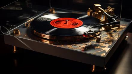 Vinyl record player on a desk with golden accents, HD wallpaper for desktop background.
