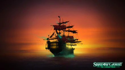 HD wallpaper of Shadow Gambit: The Cursed Crew featuring a ghost ship against a vibrant sunset background.