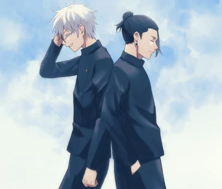 HD anime wallpaper featuring Satoru Gojo and Suguru Geto from Jujutsu Kaisen standing back-to-back against a bright blue sky background.