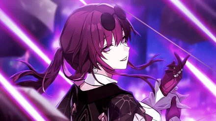 HD desktop wallpaper of Kafka from Honkai: Star Rail, featuring a stylized anime character in a dynamic purple themed background.