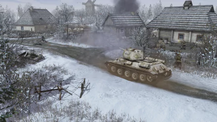 HD Wallpaper of Men of War II featuring a detailed scene with a tank on a snowy road amidst war-torn village buildings.