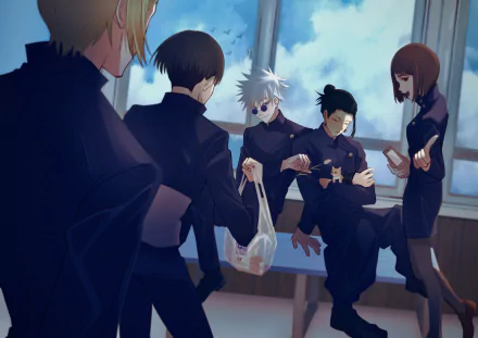 4K Ultra HD anime wallpaper featuring Shoko Ieiri, Suguru Geto, Satoru Gojo, Yu Haibara, and Kento Nanami from Jujutsu Kaisen in a casual classroom scene.