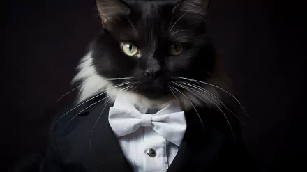A sleek black cat dressed in a tuxedo, featuring striking green eyes and a formal bow tie, set against a dark background. A unique HD wallpaper for animal lovers.