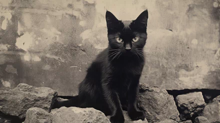 A captivating black cat sitting on rocks against a textured background, creating a striking image that makes for an engaging HD desktop wallpaper.