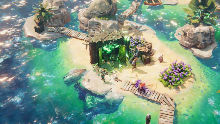 HD wallpaper featuring Shadow Gambit: The Cursed Crew game with a vibrant depiction of a wooden sea outpost and mysterious green crystal.