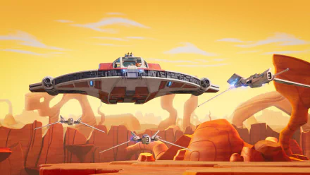 HD wallpaper of Star Wars: Young Jedi Adventures with ships flying over a desert landscape.