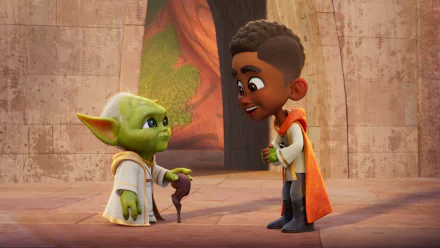 HD wallpaper featuring a Star Wars: Young Jedi Adventures animated scene with a young Jedi apprentice and a Yoda-like character meeting in a serene temple setting.