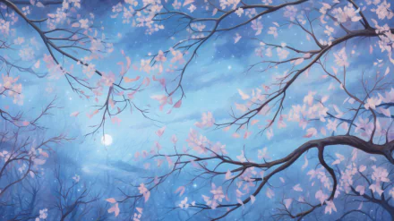 HD desktop wallpaper depicting a blue-toned artistic night scene with delicate branches adorned in blossoms under a starlit sky.
