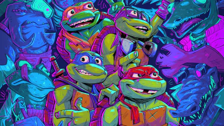 Vibrant 4K Ultra HD PC desktop wallpaper of Teenage Mutant Ninja Turtles: Mutant Mayhem — neon, stylized portrait of the four turtles smiling amid a colorful urban backdrop.