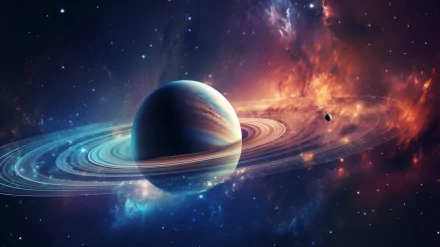 High-definition desktop wallpaper featuring an artistic depiction of the planet Saturn with detailed rings against a vibrant cosmic background.