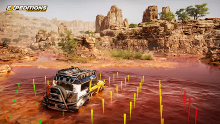 HD wallpaper of Expeditions: A MudRunner Game featuring a rugged off-road vehicle crossing a muddy river with rocky desert cliffs in the background.