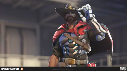 HD desktop wallpaper featuring the character Cassidy from Overwatch 2, posing in his iconic cowboy attire with a futuristic revolver, set against an industrial backdrop.