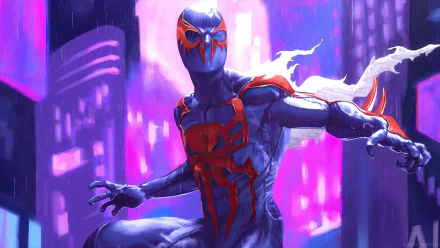 HD desktop wallpaper featuring Miguel O'Hara, also known as Spider-Man 2099, in an action pose from the movie Spider-Man: Across the Spider-Verse.