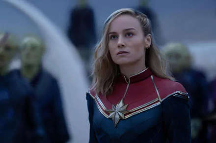 HD wallpaper featuring Captain Marvel, represented by Brie Larson, in a heroic stance from 'The Marvels' movie.