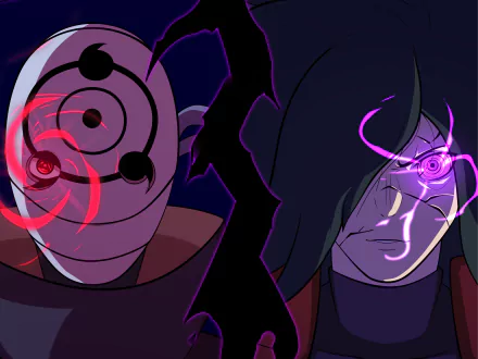 4K Ultra HD Naruto anime wallpaper featuring Obito Uchiha and Madara Uchiha with intense glowing eyes and dark, dramatic background for PC desktop.