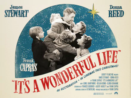 Vintage movie poster for It's a Wonderful Life showing a joyful family embrace under a glowing star, styled as a 2K Quad HD PC desktop wallpaper and background.