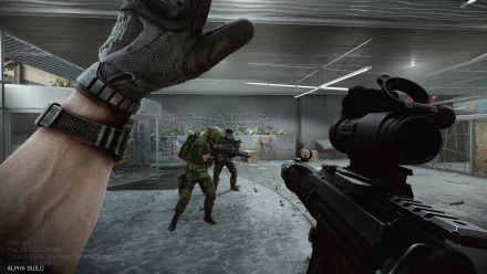 HD desktop wallpaper featuring a first-person viewpoint from Escape from Tarkov: Arena with a focus on a gun's scope and a gloved hand signaling to another player.