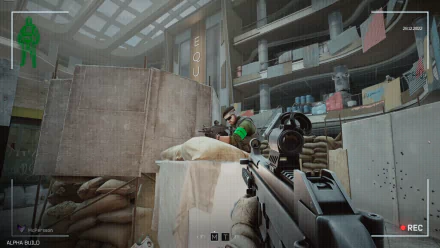 HD desktop wallpaper featuring a first-person view from within the game Escape from Tarkov: Arena, showing a player aiming at an opponent in an intense combat scenario inside an industrial environment.