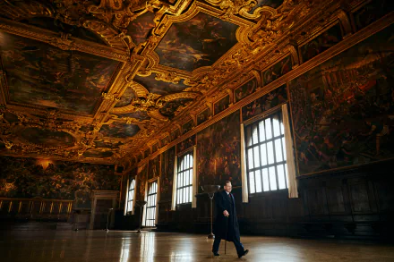 HD wallpaper of A Haunting in Venice theme featuring an atmospheric shot with a mysterious figure in an ornate, golden-lit room with classical paintings.