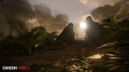 HD wallpaper of Green Hell game showing a misty jungle scene with sun peeking through rocks.