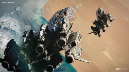 HD desktop wallpaper featuring detailed cargo spaceships in a sci-fi setting, floating against a backdrop of a vibrant planet.